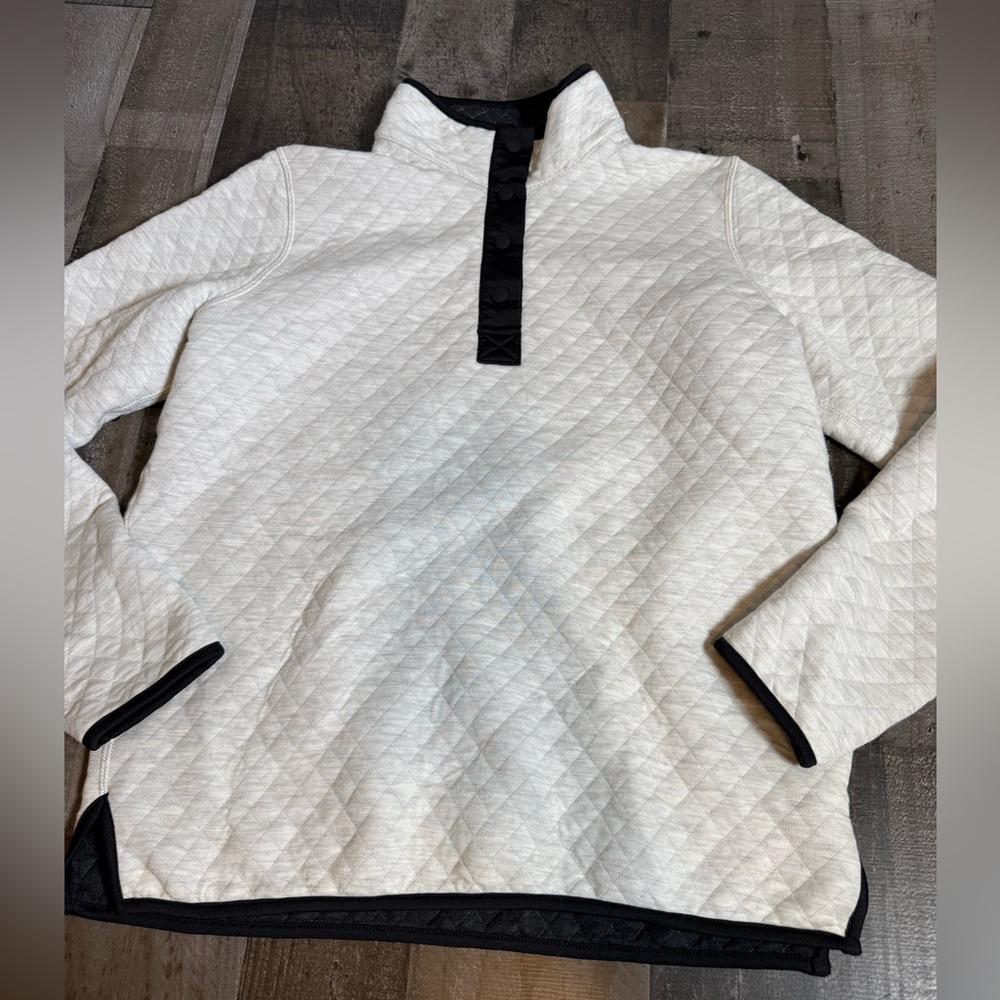 Marine Layer Quilted Pullover Snap Sweatshirt Cream Black Trim‎ Small